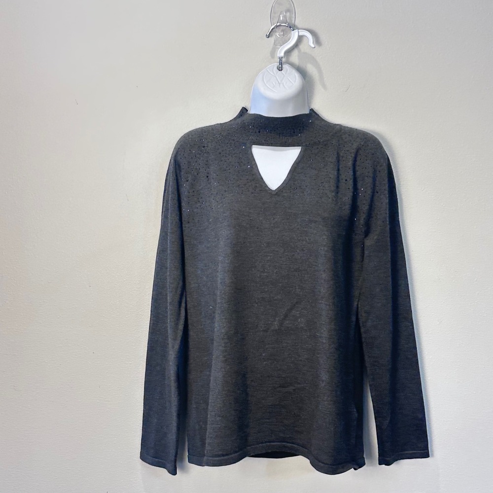 NWT Cable & Gauge Women Gray Mock Neck Sparkle Cutout Long Sleeve Sweater M